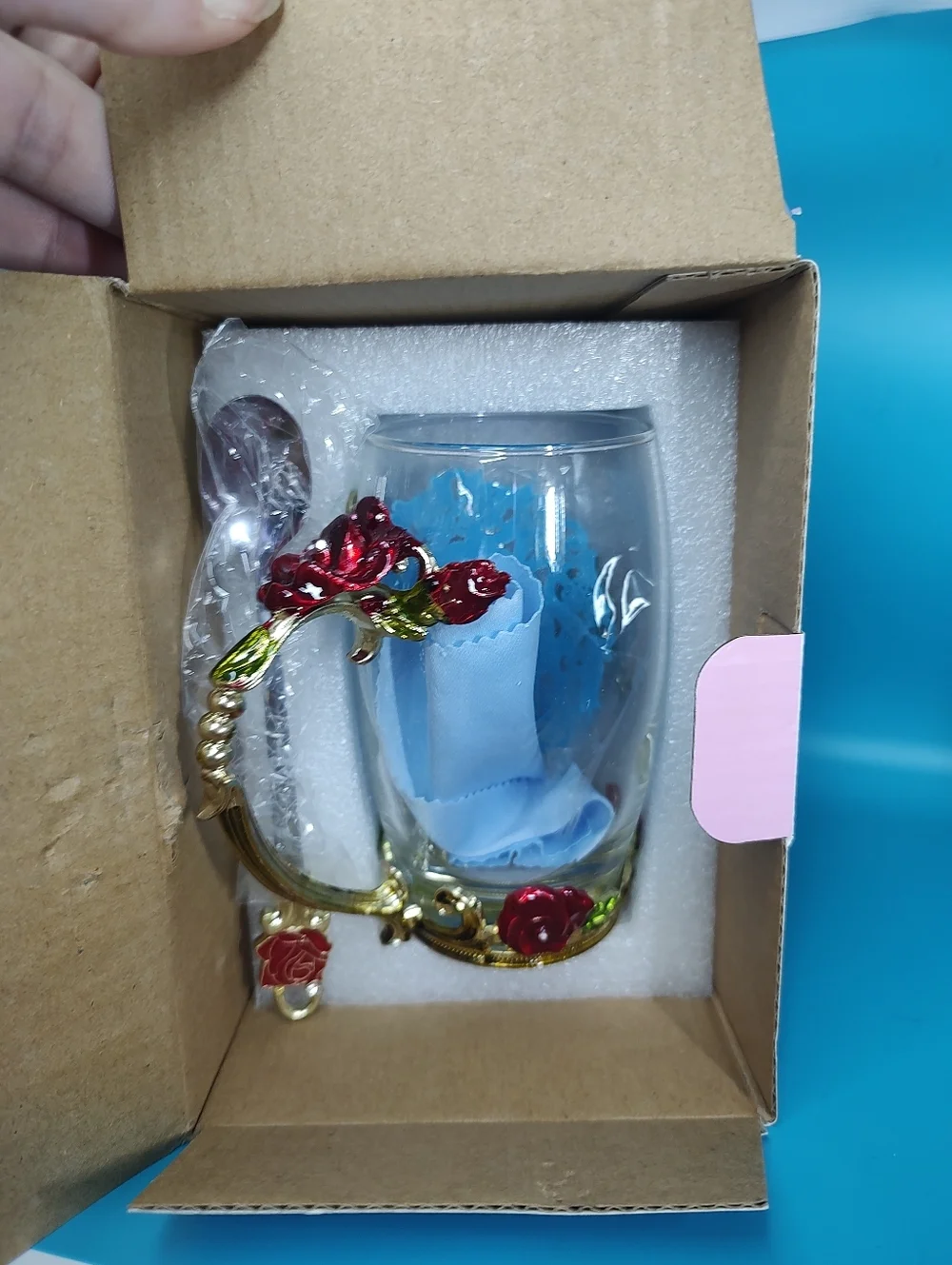 Handicraft Crystal Glass 3D Flower Tea Cup with Spoon Red Rose Accents